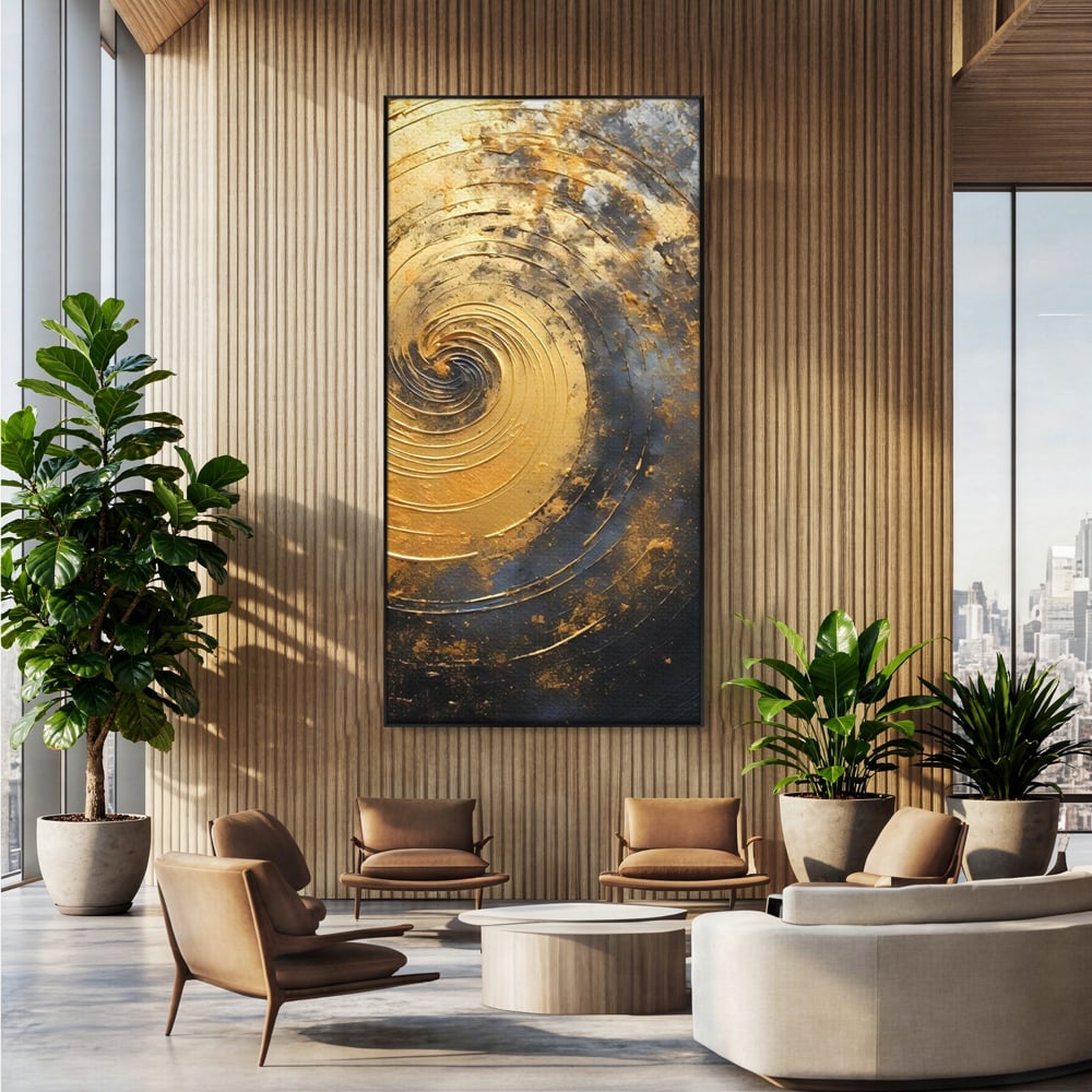 Tablou canvas cu pictura abstracta cu spirala aurie, in rama de aluminiu negru, pe perete intr-un birou
